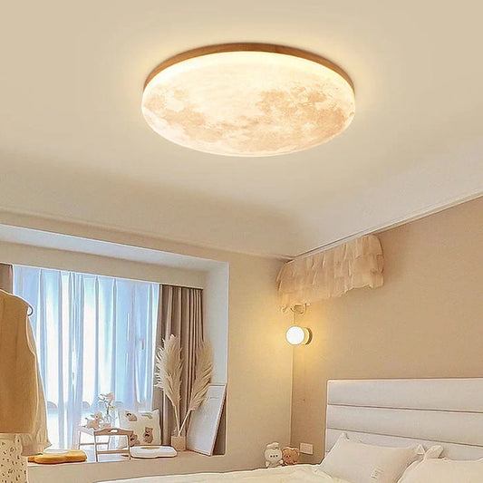 Loftlampe med måne effekt – rund LED-lampe i træ med varmt lys