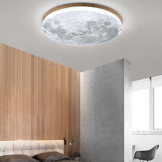 Loftlampe med måne effekt – rund LED-lampe i træ med varmt lys