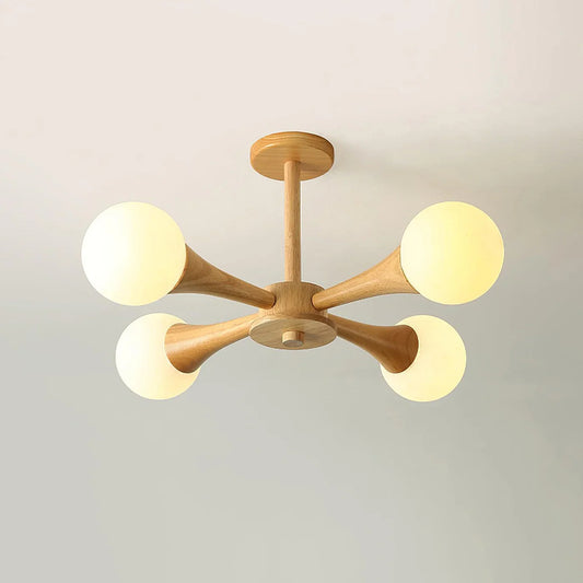 Moderne loftlampe med træarme og kugleformede skærme