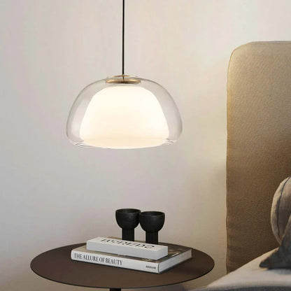 Moderne pendellampe med dobbelt glasskærm og LED