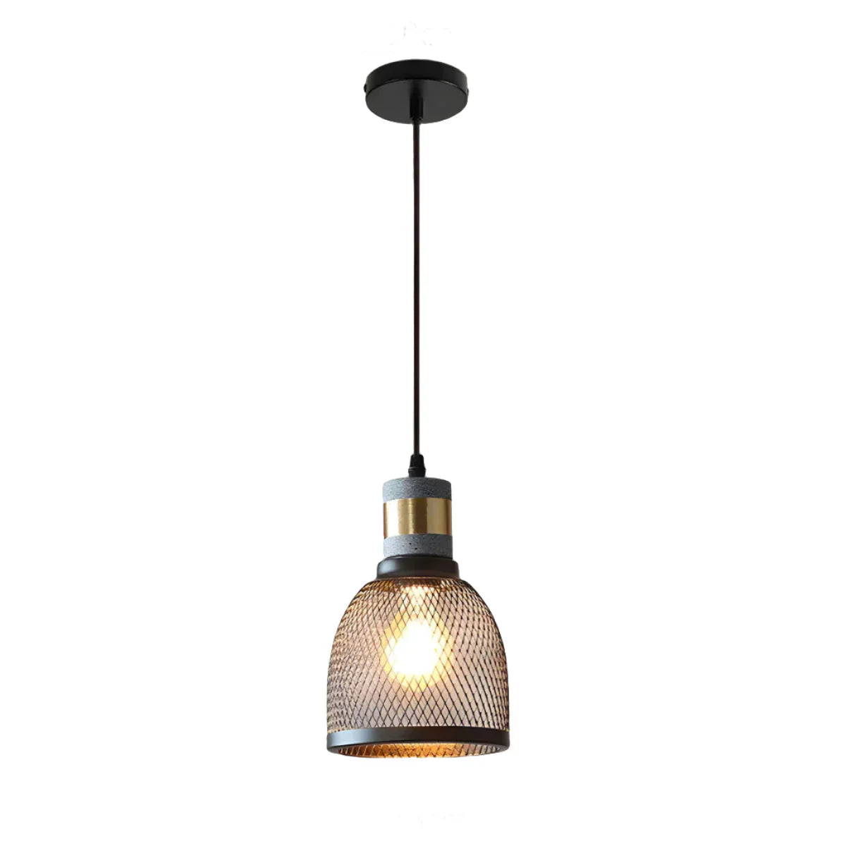Industriel pendellampe med metallisk trådskærm og LED