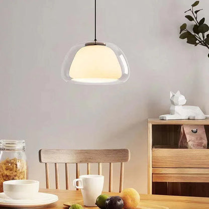 Moderne pendellampe med dobbelt glasskærm og LED