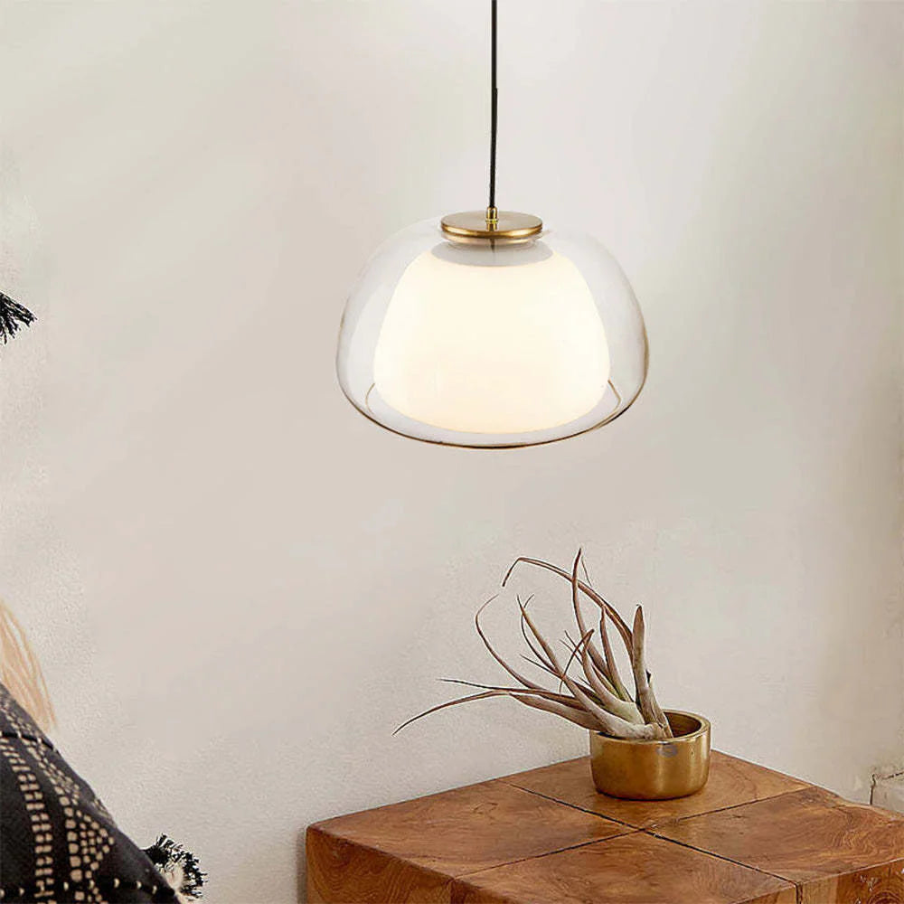 Moderne pendellampe med dobbelt glasskærm og LED
