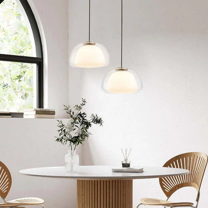Moderne pendellampe med dobbelt glasskærm og LED