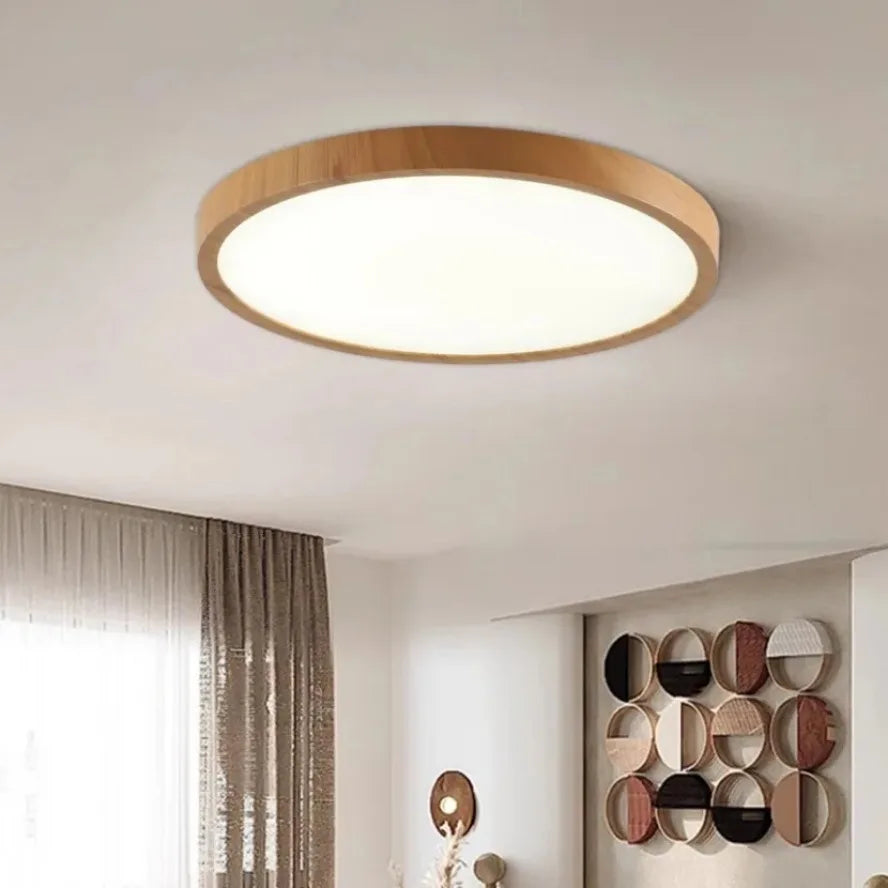 Moderne rund LED-loftlampe med træramme