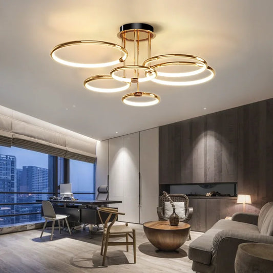 Moderne LED-loftlampe med ringe og geometrisk form