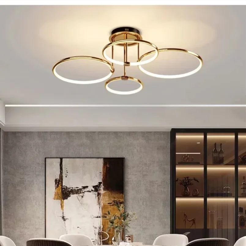 Moderne LED-loftlampe med ringe og geometrisk form
