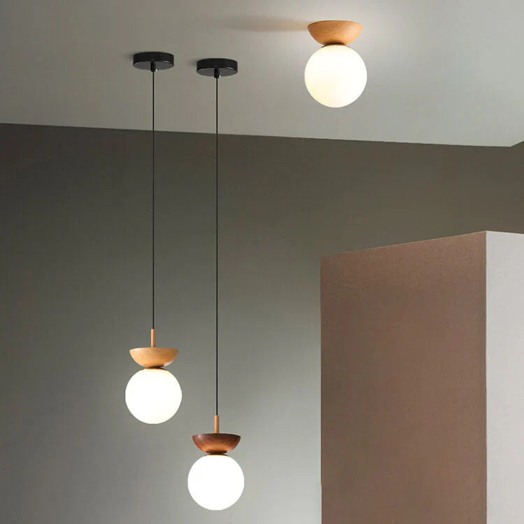 Moderne loftlampe i japansk stil med træbund – minimalistisk kugle