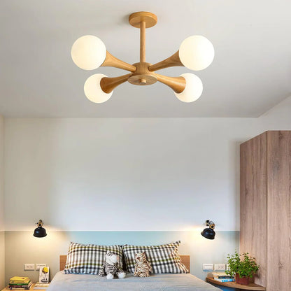 Moderne loftlampe med træarme og kugleformede skærme