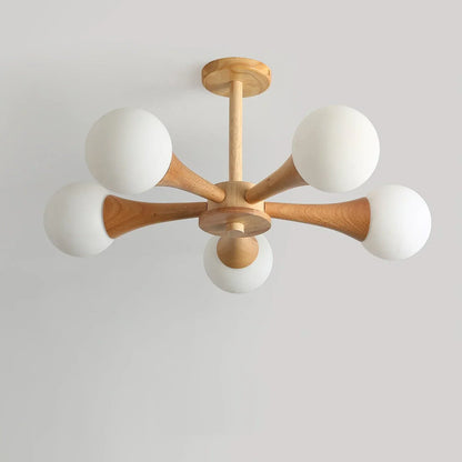 Moderne loftlampe med træarme og kugleformede skærme