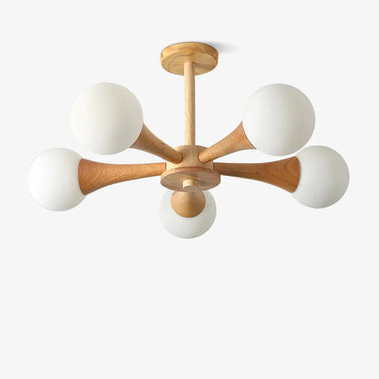 Moderne loftlampe med træarme og kugleformede skærme
