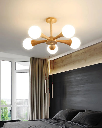Moderne loftlampe med træarme og kugleformede skærme