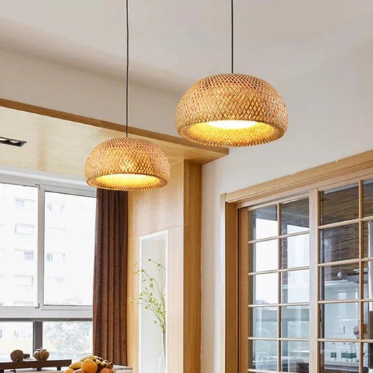 Rattan pendellampe i Boho-stil – Håndflетtet loftlampe i bambus