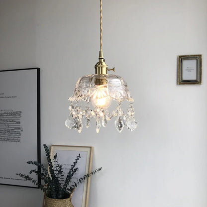 Retro pendellampe i krystalklart glas med messingfinish