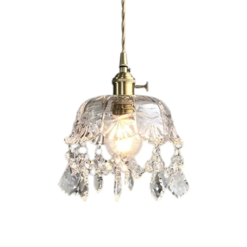 Retro pendellampe i krystalklart glas med messingfinish