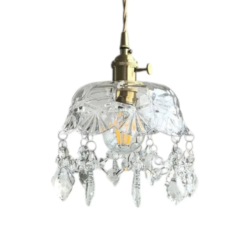 Retro pendellampe i krystalklart glas med messingfinish