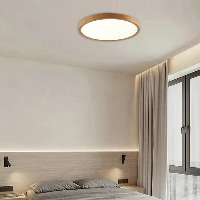 Moderne rund LED-loftlampe med træramme