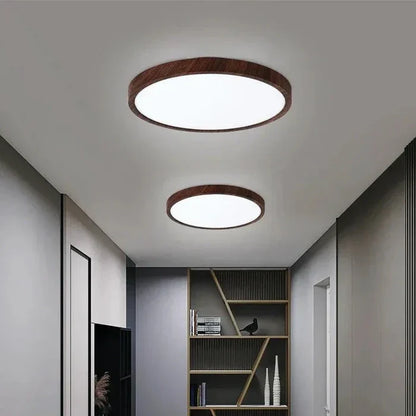 Moderne rund LED-loftlampe med træramme