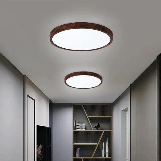 Moderne rund LED-loftlampe med træramme