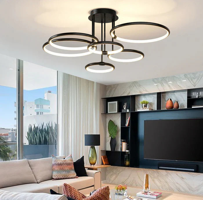 Moderne LED-loftlampe med ringe og geometrisk form